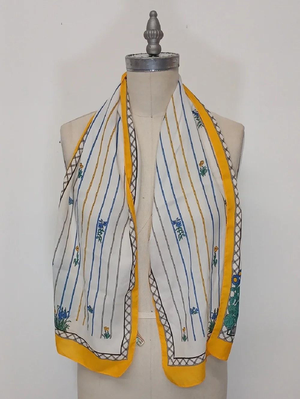 Vintage Italian Scarf White & Yellow Floral Stripe Scarf